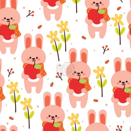 Illustration for Seamless pattern cartoon bunny holding an apple with leaves, flower and autumn vibes element. cute autumn wallpaper for holiday. design for fabric, flat design, gift wrap paper - Royalty Free Image