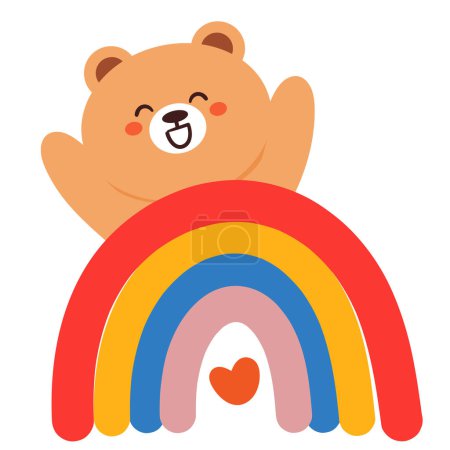 Téléchargez les illustrations : Mignon dessin animé ours heureux avec arc-en-ciel - en licence libre de droit