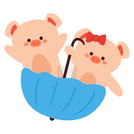 Téléchargez les illustrations : Dessin à la main cochon dessin animé jouer avec parapluie - en licence libre de droit