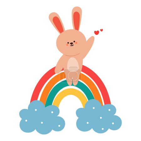 Illustration for Cute cartoon bunny with rainbow and blue clouds - Royalty Free Image