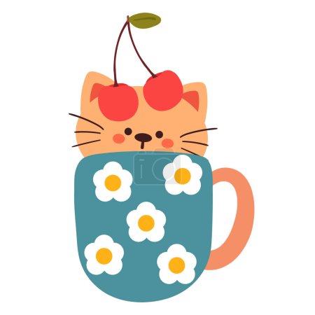 Téléchargez les illustrations : Dessin à la main dessin animé chat mignon dans une tasse - en licence libre de droit