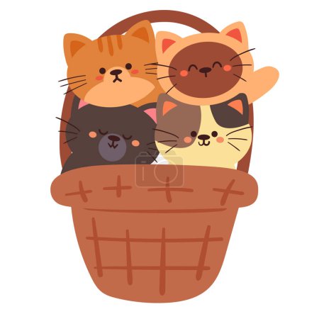 Téléchargez les illustrations : Mignon dessins animés chats à l'intérieur panier - en licence libre de droit