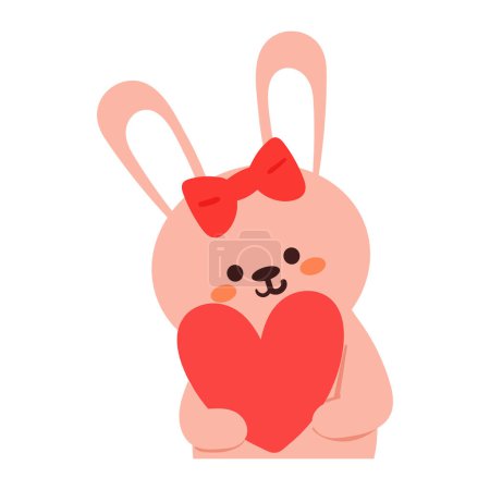 Téléchargez les illustrations : Dessin à la main lapin dessin animé tenant coeur rouge. dessin animal mignon pour icône et autocollant - en licence libre de droit