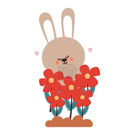Téléchargez les illustrations : Dessin mignon lapin dessin animé avec fleur rouge - en licence libre de droit