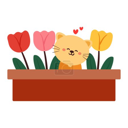 Téléchargez les illustrations : Dessin à la main chat dessin animé avec pot de fleurs. icône d'animal mignon pour autocollant - en licence libre de droit