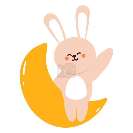 Téléchargez les illustrations : Mignon lapin dessin animé sur la lune. autocollant animal mignon - en licence libre de droit