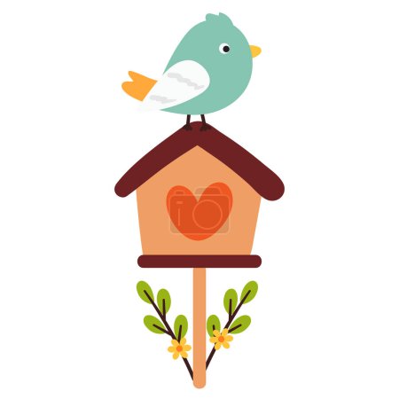 Téléchargez les illustrations : Mignon dessin animé oiseau debout sur oiseau maison - en licence libre de droit