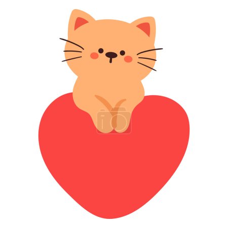 Téléchargez les illustrations : Dessin à la main chat dessin animé avec ballon coeur rouge - en licence libre de droit