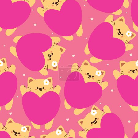 Téléchargez les photos : Motif sans couture chat dessin animé avec grand coeur rose. papier peint animal mignon pour textile, papier d'emballage cadeau - en image libre de droit