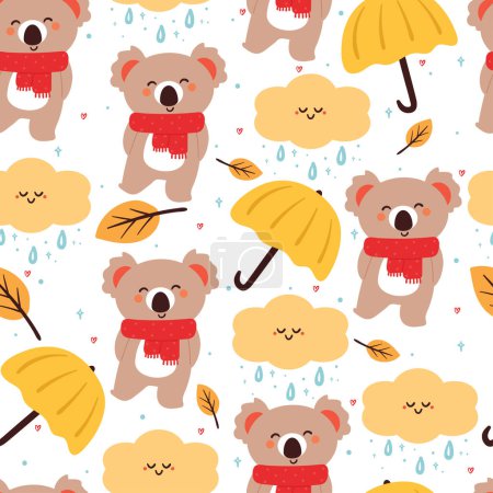 Téléchargez les illustrations : Motif sans couture koala dessin animé avec écharpe rouge, parapluie et mignon élément du ciel. illustration de papier peint animal mignon pour papier cadeau - en licence libre de droit