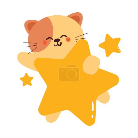 Téléchargez les illustrations : Dessin à la main chat dessin animé avec des étoiles. autocollant animal mignon avec élément ciel - en licence libre de droit