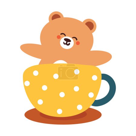 Téléchargez les illustrations : Dessin à la main ours dessin animé dans une tasse. autocollant animal mignon - en licence libre de droit