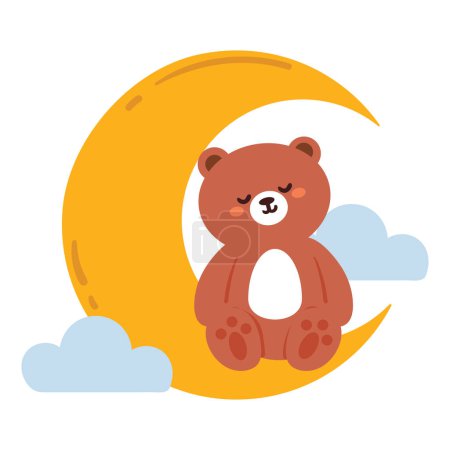 Téléchargez les illustrations : Dessin à la main ours dessin animé avec la lune. mignon ours et élément de ciel autocollant - en licence libre de droit