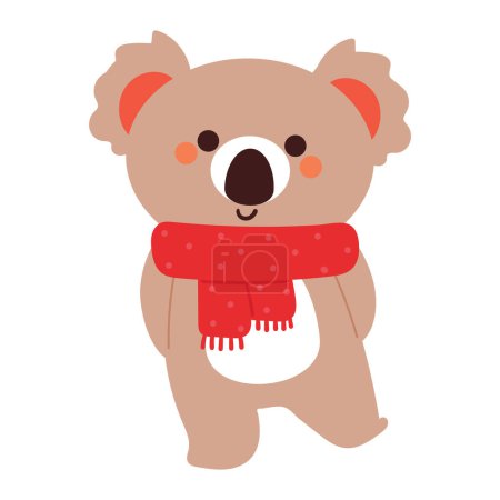 Téléchargez les illustrations : Dessin à la main dessin animé koala portant une écharpe rouge. autocollant animal mignon - en licence libre de droit
