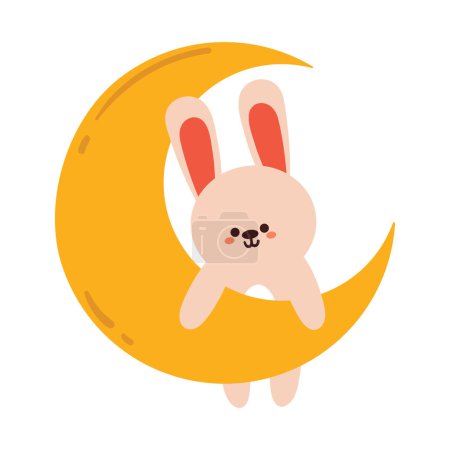 Illustration for Hand drawing cartoon bunny with the moon. cute bunny and sky element sticker - Royalty Free Image