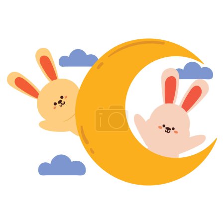 Illustration for Hand drawing cartoon bunny with the moon. cute bunny and sky element sticker - Royalty Free Image