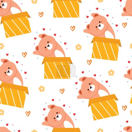 Téléchargez les illustrations : Motif sans couture ours heureux mignon à l'intérieur d'une boîte jaune. papier peint animal mignon pour textile, papier d'emballage cadeau - en licence libre de droit