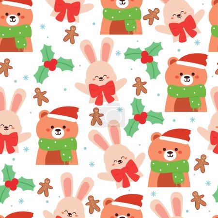 Téléchargez les illustrations : Motif sans couture dessin animé lapin et ours le jour de Noël. papier peint de Noël mignon pour papier d'emballage cadeau - en licence libre de droit