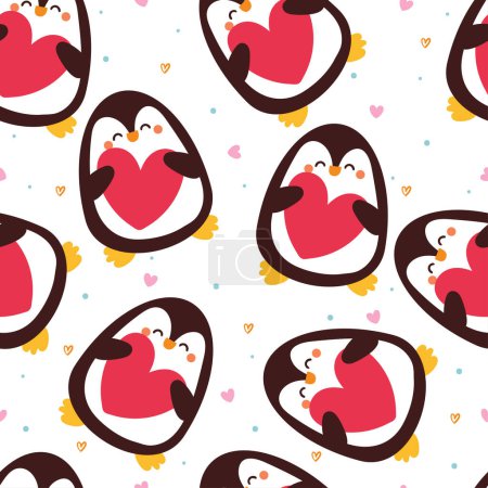Téléchargez les illustrations : Motif sans couture dessin animé pingouin et amour. illustration de papier peint animal mignon pour papier cadeau - en licence libre de droit