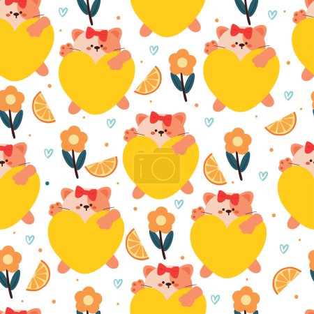 Ilustración de Patrón sin costuras gato de dibujos animados con corazón amarillo, naranja y flor. ilustración de fondo de pantalla animal lindo para papel de regalo - Imagen libre de derechos