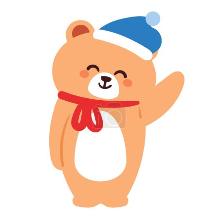 Téléchargez les illustrations : Dessin à la main ours dessin animé portant une écharpe rouge. autocollant animal mignon - en licence libre de droit