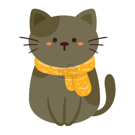 Téléchargez les illustrations : Dessin à la main chat dessin animé portant une écharpe jaune. autocollant animal mignon - en licence libre de droit