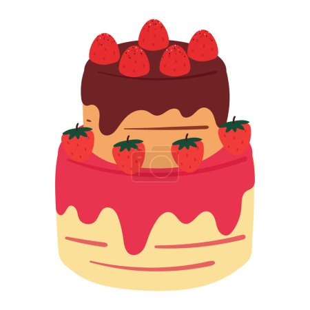 Téléchargez les illustrations : Dessin à la main dessin animé gâteau aux fraises. autocollant alimentaire mignon - en licence libre de droit