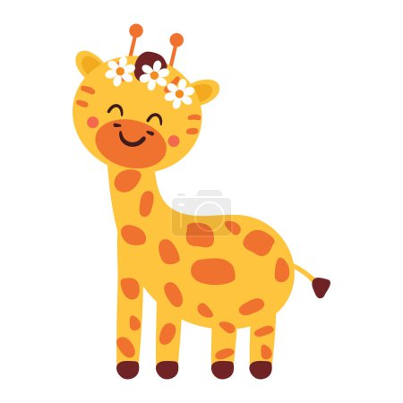 Téléchargez les illustrations : Dessin à la main girafe dessin animé. sticker animal mignon avec accessoires comme écharpe et ruban. autocollant animal mignon - en licence libre de droit