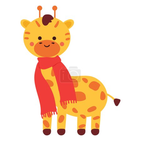Téléchargez les illustrations : Dessin à la main girafe dessin animé. sticker animal mignon avec accessoires comme écharpe et ruban. autocollant animal mignon - en licence libre de droit