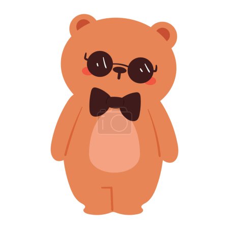 Téléchargez les illustrations : Mignon ours dessin animé portant des lunettes de soleil noires souriant. autocollant animaux mignon - en licence libre de droit