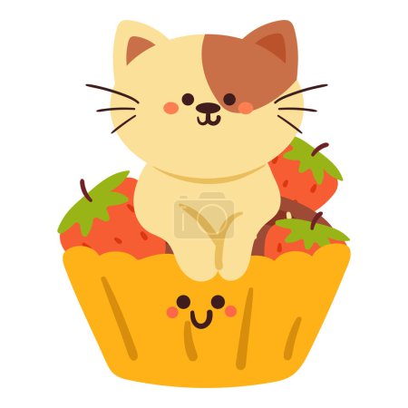 Téléchargez les illustrations : Dessin à la main cupcake dessin animé avec chat et fraise. nourriture mignonne et doodle animal pour icône et autocollant - en licence libre de droit