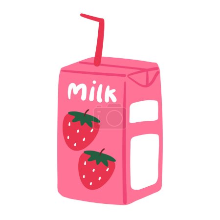 Téléchargez les illustrations : Dessin à la main dessin animé mignon lait de fraise en boîte rose. conception de boisson mignonne pour autocollant, icône - en licence libre de droit