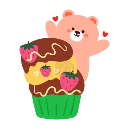 Téléchargez les illustrations : Dessin à la main dessin animé mignon cupcake design avec ours et fruits. design de dessert mignon pour icône et autocollant - en licence libre de droit