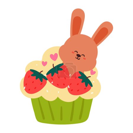 Téléchargez les illustrations : Dessin à la main cupcake dessin animé avec lapin et fraise. nourriture mignonne et doodle animal pour icône et autocollant - en licence libre de droit