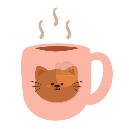 Téléchargez les illustrations : Mignon dessin animé tasse rose avec chat mignon - en licence libre de droit