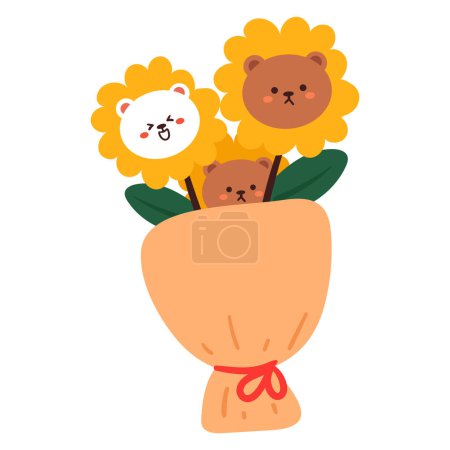 Téléchargez les illustrations : Dessin à la main dessin animé ours fleur papier peint. carte animale et végétale mignonne pour les enfants - en licence libre de droit