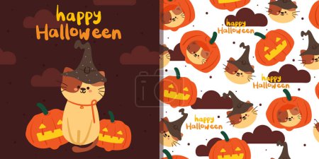 Illustration for Halloween seamless pattern and card with cartoon pumpkin, cat, and halloween element. cute halloween wallpaper and card for holiday theme, gift wrap paper - Royalty Free Image