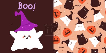 Illustration for Halloween seamless pattern and card with cartoon pumpkin, cat, ghost, and halloween element. cute halloween wallpaper and card for holiday theme, gift wrap paper - Royalty Free Image