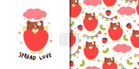 Photo for Seamless pattern and card cartoon cat and cute sky element. cute animal card and pattern for gift wrap paper - Royalty Free Image