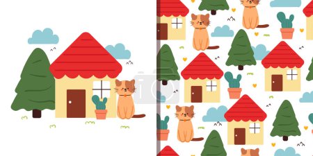 Téléchargez les illustrations : Motif sans couture et carte de dessin animé chat avec mignon petite maison et arbre. mignon animal carte et modèle pour papier cadeau d'emballage - en licence libre de droit