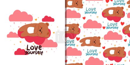 Illustration for Seamless pattern and card cartoon bear. cute animal card and pattern for gift wrap paper - Royalty Free Image