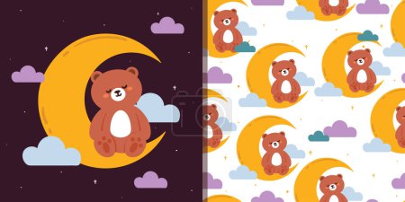 Illustration for Cute seamless pattern and card cartoon bear with moon. cute night sky element wallpaper for gift wrap paper, digital print - Royalty Free Image