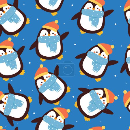 Téléchargez les illustrations : Modèle sans couture pingouin dessin animé avec tenue d'hiver. motif animal mignon pour papier peint d'hiver, papier d'emballage cadeau - en licence libre de droit