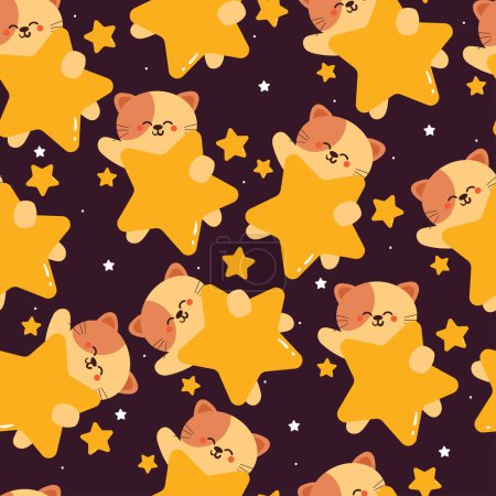 Ilustración de Lindo patrón sin costuras gato de dibujos animados con estrellas en el cielo nocturno. lindo fondo de pantalla animal para niños, papel de regalo - Imagen libre de derechos