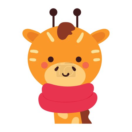 Téléchargez les illustrations : Dessin à la main girafe dessin animé portant une écharpe rose. dessin animal mignon pour autocollant d'hiver - en licence libre de droit