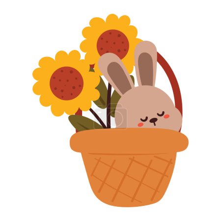 Téléchargez les illustrations : Dessin à la main lapin dessin animé avec des fleurs à l'intérieur panier. autocollant animal mignon pour les enfants, mignon gribouillage animal - en licence libre de droit