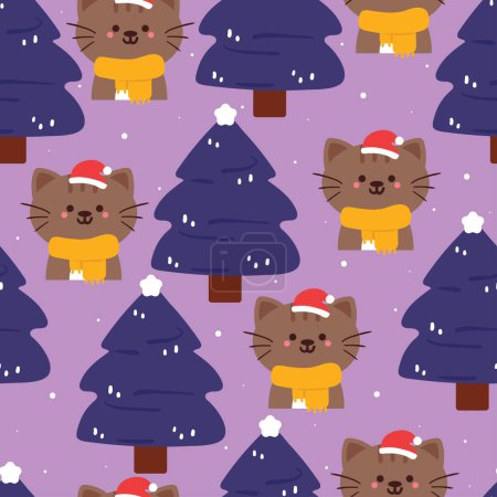 Téléchargez les illustrations : Mignon motif sans couture chat dessin animé avec arbre en hiver. papier peint animal mignon pour papier d'emballage cadeau - en licence libre de droit