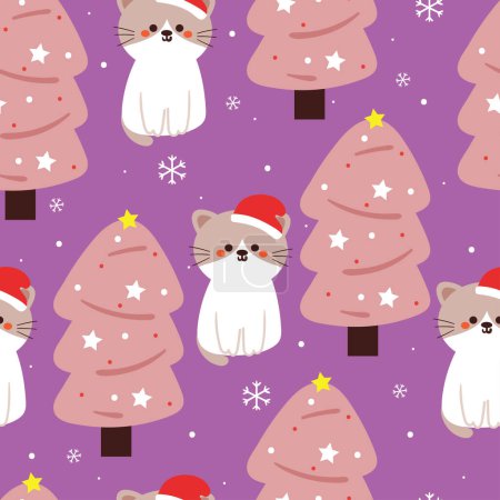 Illustration for Cute seamless pattern cartoon cat with tree in winter. cute animal wallpaper for gift wrap paper - Royalty Free Image