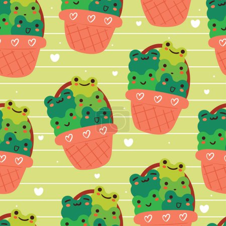 Illustration for Cute seamless pattern cartoon frogs inside a basket. cute animal wallpaper for gift wrap paper - Royalty Free Image