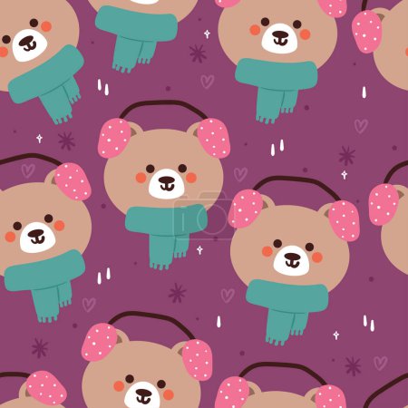 Illustration for Seamless pattern cartoon bear wearing scarf. cute animal wallpaper with snowflakes illustration for gift wrap paper, winter wallpaper - Royalty Free Image